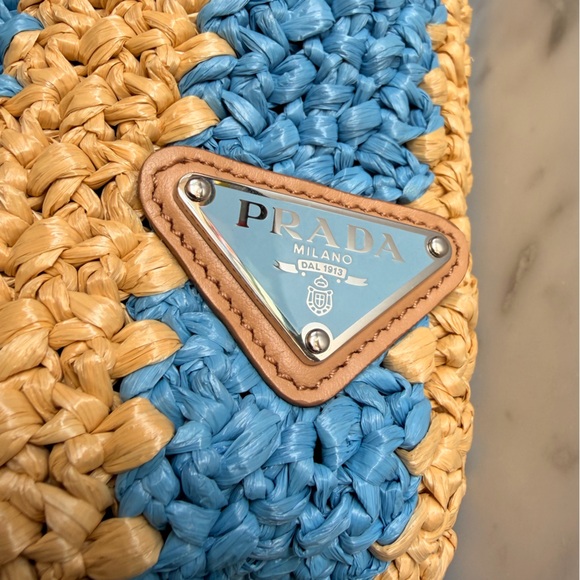 Prada small raffia striped tote bag in tan and blue - Picture 6 of 8